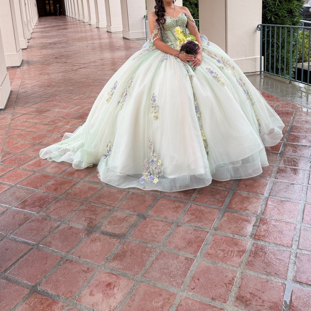 Elegant Green Quinceañera Dress with Floral Details